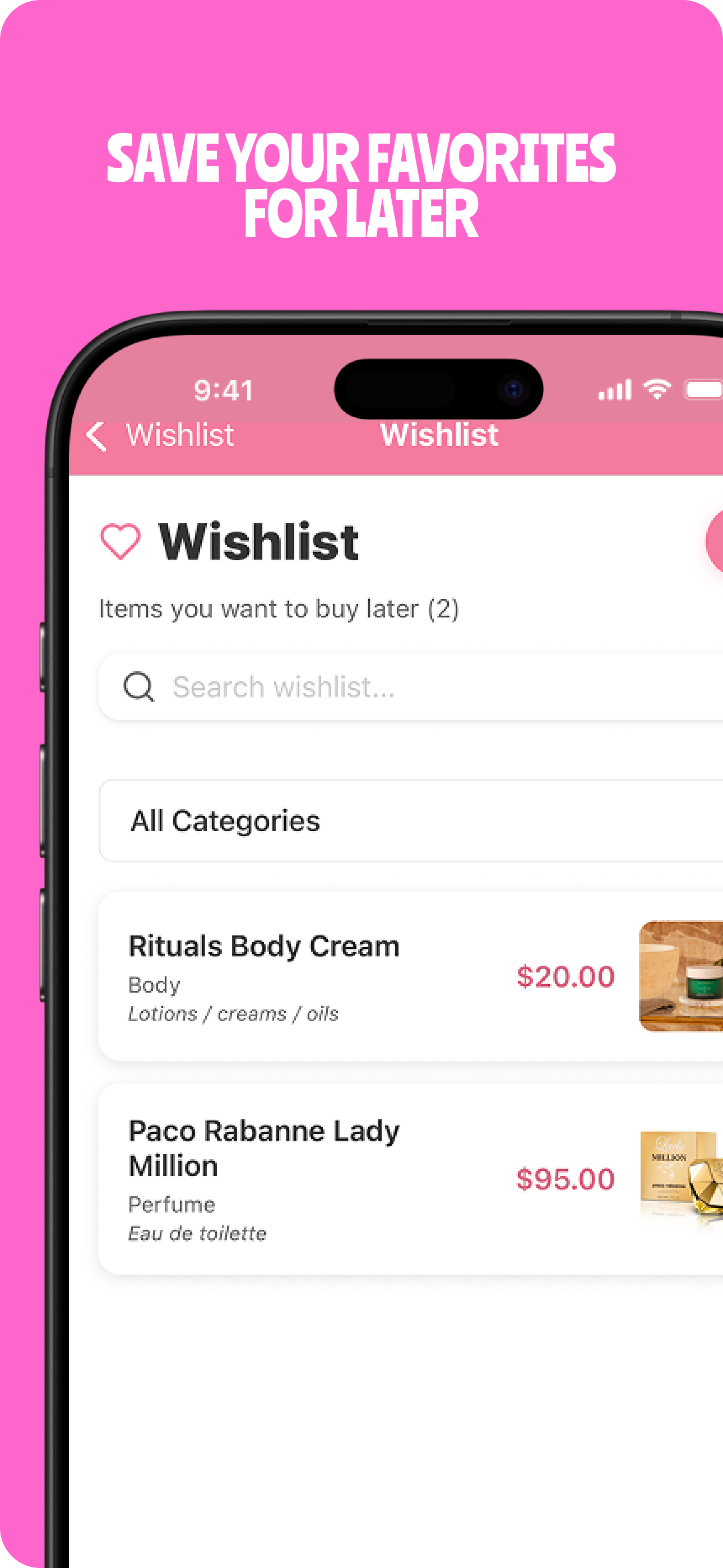 Wishlist screen showing saved favorites